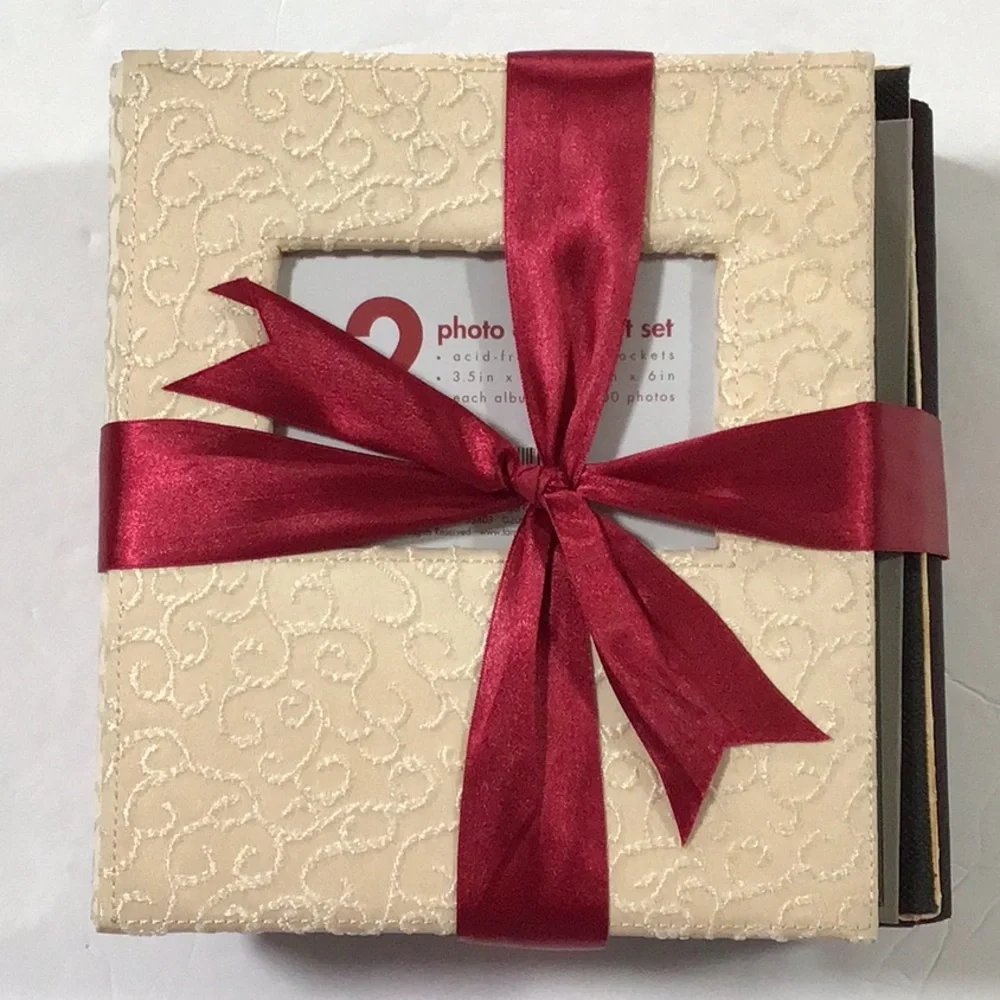 Ivory‎ White Embroidered Brocade Burgandy Red Satin Ribbon Photo Albums Set of 2